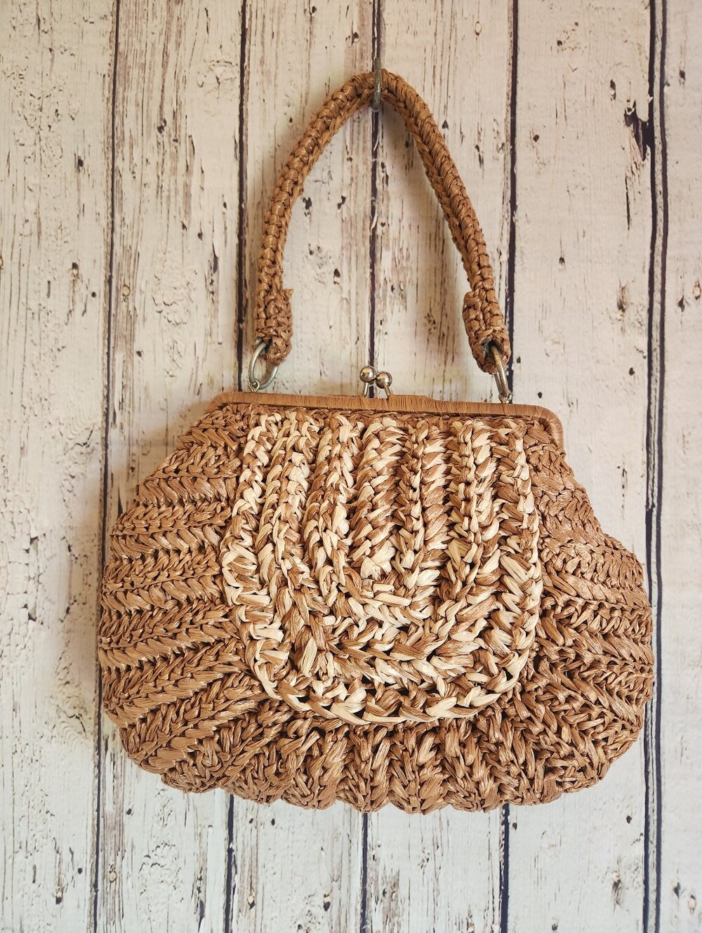 Vintage 50s Styled by Encore Woven Raffia Purse Kiss Lock Japan